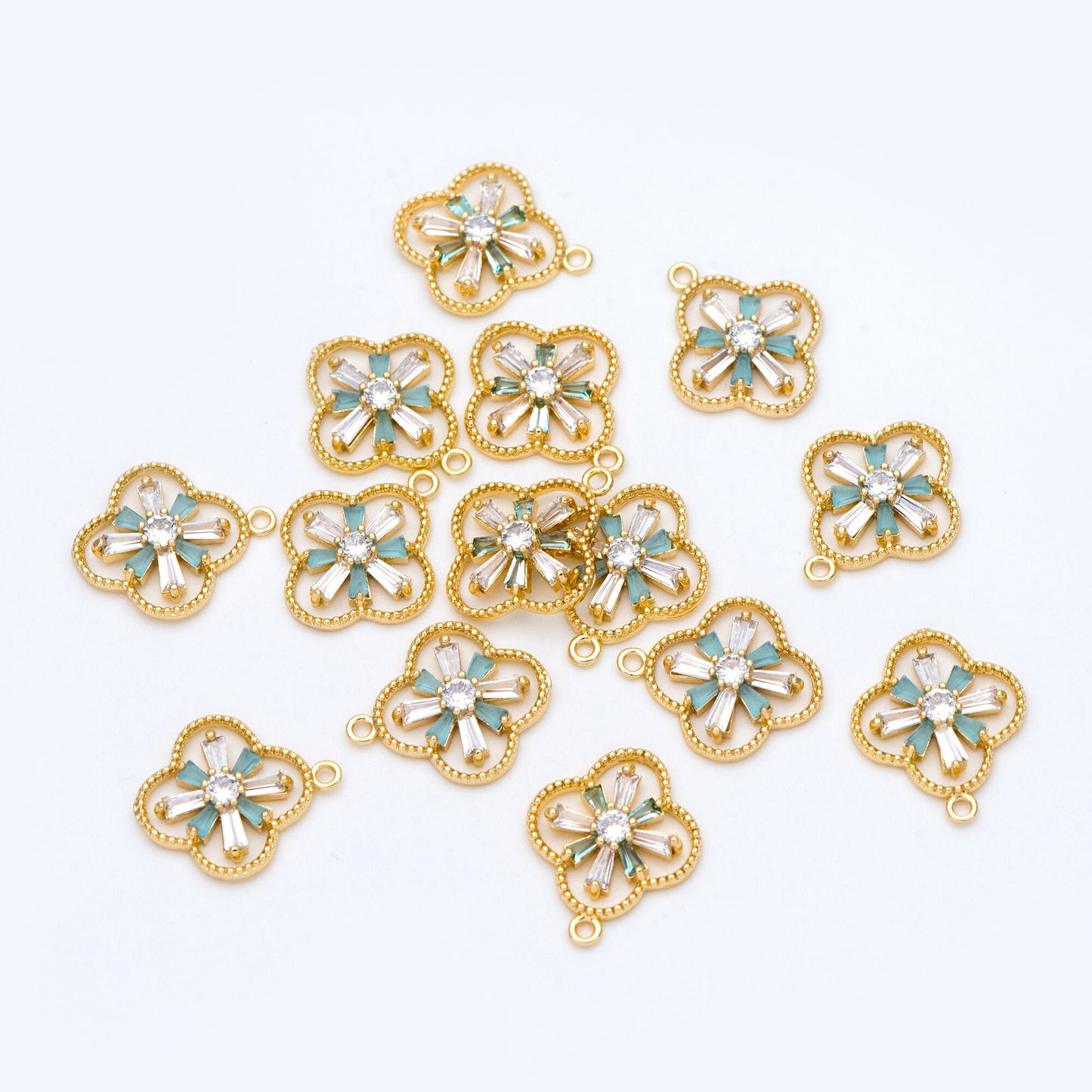 4pcs CZ Pave Gold Charms 19x16mm, Rhinestone Clover Pendants, Real Gold plated Brass Findings (GB-3486-G)