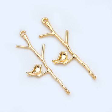 10pcs Gold/ Silver Tone Bird on Tree Pendants 33x12mm, Gold/ Rhodium plated Brass Branch Connectors, Leaf Charms with Two Loops (GB-3622-C)