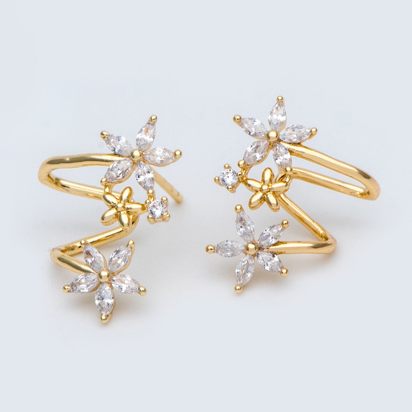 4pcs Flower Ear Cuff Studs, 18K Gold plated Brass, CZ pave Ear Climbers, Floral Ear Crawlers, Wrap Statement Earrings (#GB-773)