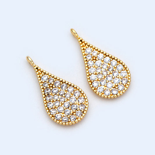 4pcs CZ Pave Gold Teardrop Charms 15x7mm, 18K Gold plated Brass Drop Pendants (GB-160-C)