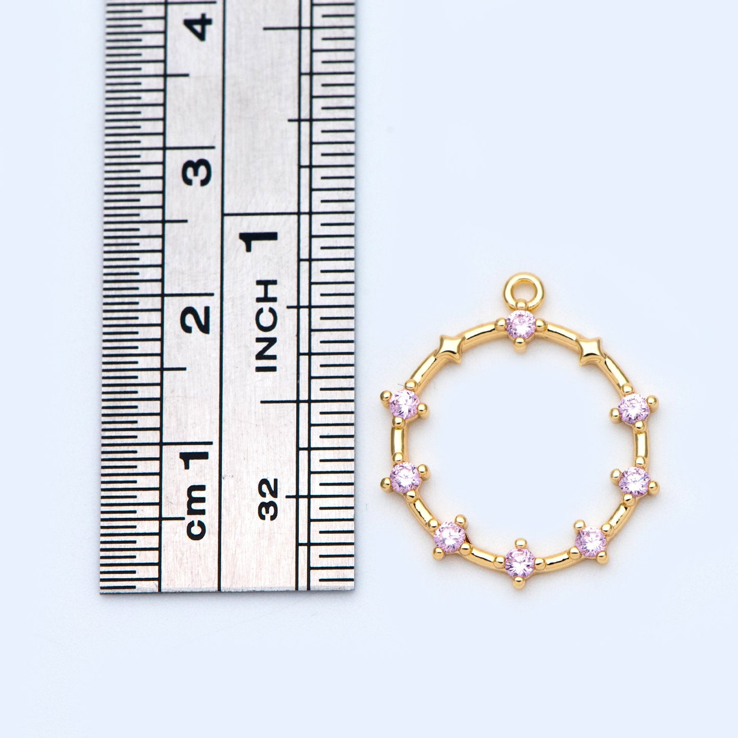 10pcs Pink CZ pave Gold Ring Pendants 21x18mm, 18K Gold plated Brass, Rhinestone Round Loop Circle Charms (GB-869-2)