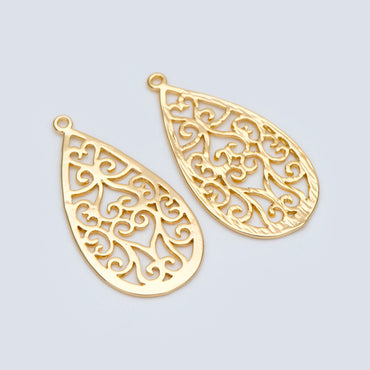 10pcs Gold Teardrop Charms 28x15mm, 18K Gold plated Brass, Filigree Drop Pendants (GB-890-F)