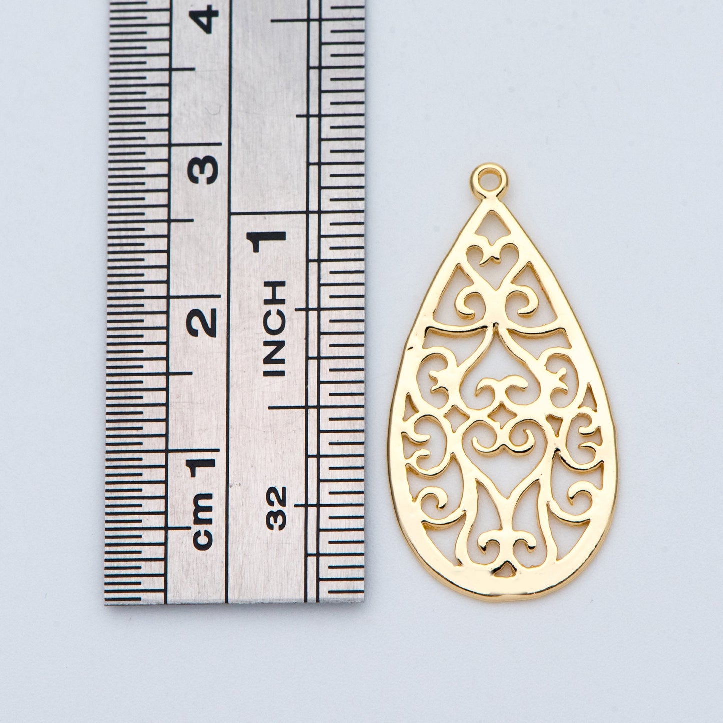 10pcs Gold Teardrop Charms 28x15mm, 18K Gold plated Brass, Filigree Drop Pendants (GB-839)