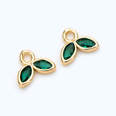 10pcs Emerald/ Black CZ Pave Gold Leaf Charms, 18K Gold plated Brass Pendants (#GB-1762-B)