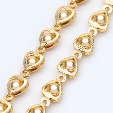Gold Beaded Heart Chain 6mm, 18K Gold plated Brass, Quality Chain for DIY Jewelry (#LK-330)/ 1 Meter=3.3 ft