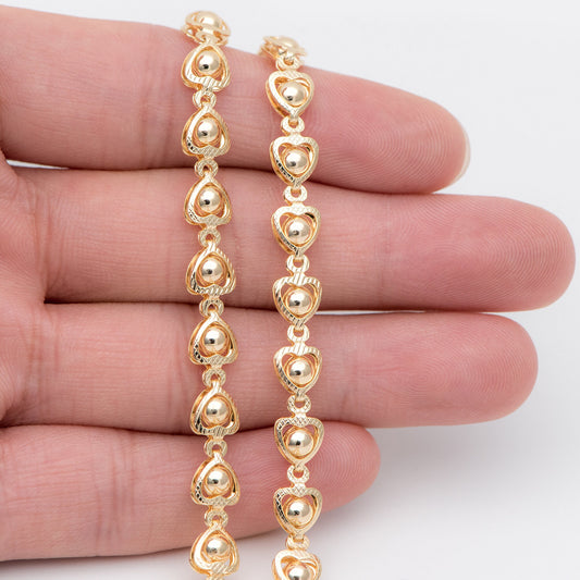 Gold Beaded Heart Chain 6mm, 18K Gold plated Brass, Quality Chain for DIY Jewelry (#LK-330)/ 1 Meter=3.3 ft
