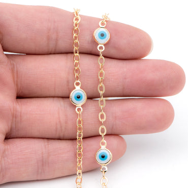 Gold plated Brass Crystal Beaded Chains, 7mm Round Coin Glass Beads, Evil Eye Chains (#LK-337)/ 1 Meter=3.3 ft