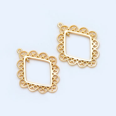 10pcs Gold plated Brass Rhombus Charms 29x22mm, Filigree Geometric Connector Pendants, Dangle Earring Components (GB-1017)