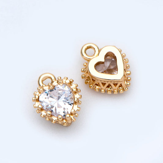 4pcs CZ pave Gold Heart Charms 9x7mm, Gold Plated Brass Heart Pendants (GB-2782-E)