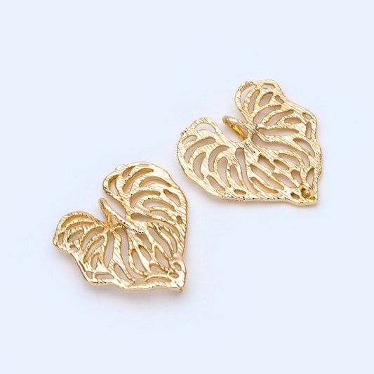 10pcs Gold Heart Leaf Pendants 20x19mm, 18K Gold plated Brass Connectors, Filigree Hollow Leaf Charms (GB-4391-I)