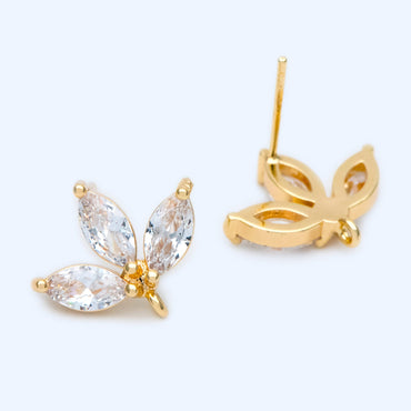 4pcs CZ Pave Gold/ Silver Tone leaf Earring with Loop 17x14mm, Dainty Studs, Leaves Earrings(#GB-1205-A)