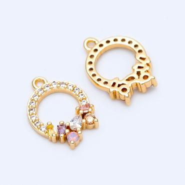 4pcs CZ Pave Gold Circle Charms 15x10.5mm, Real Gold plated Brass (GB-713-K)