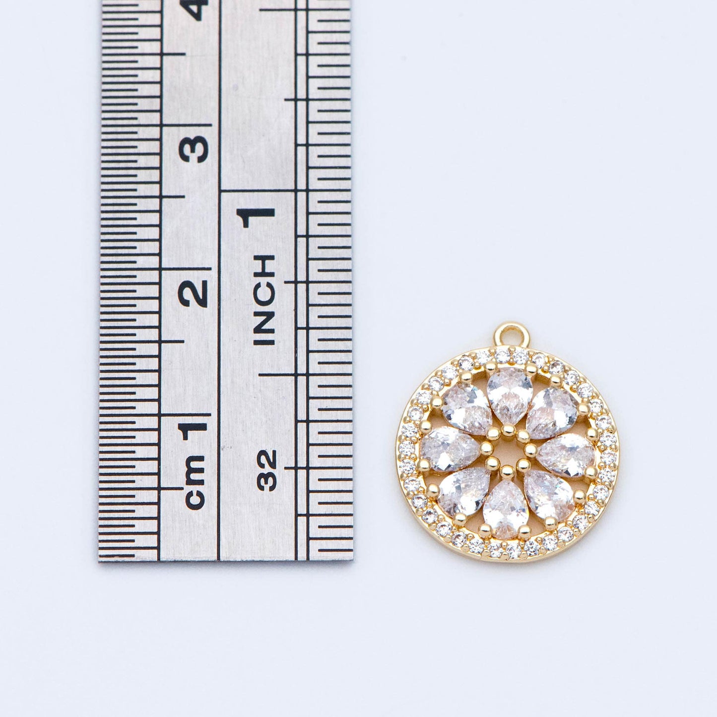 4pcs Gold CZ Round Flower Charms 16.5x15mm, Real Gold plated Brass, Clear Rhinestone Pendants (GB-3579-B)
