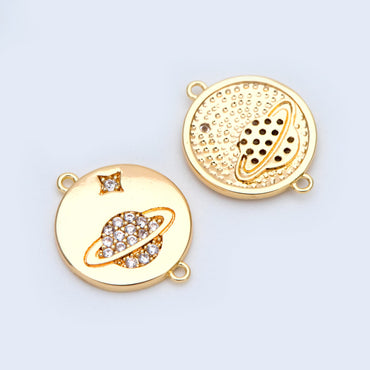 4pcs CZ Pave Gold Coin Connectors 16x13mm, 18K Gold plated Brass, Saturn And Star Charm Pendants (GB-1221-C)