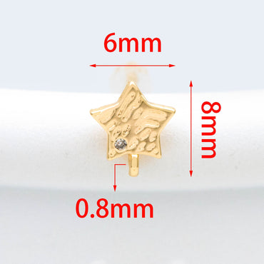 4pcs Star Earring with Loop 6x8mm, Gold Plated Brass Stud Earrings (#GB-311-D)