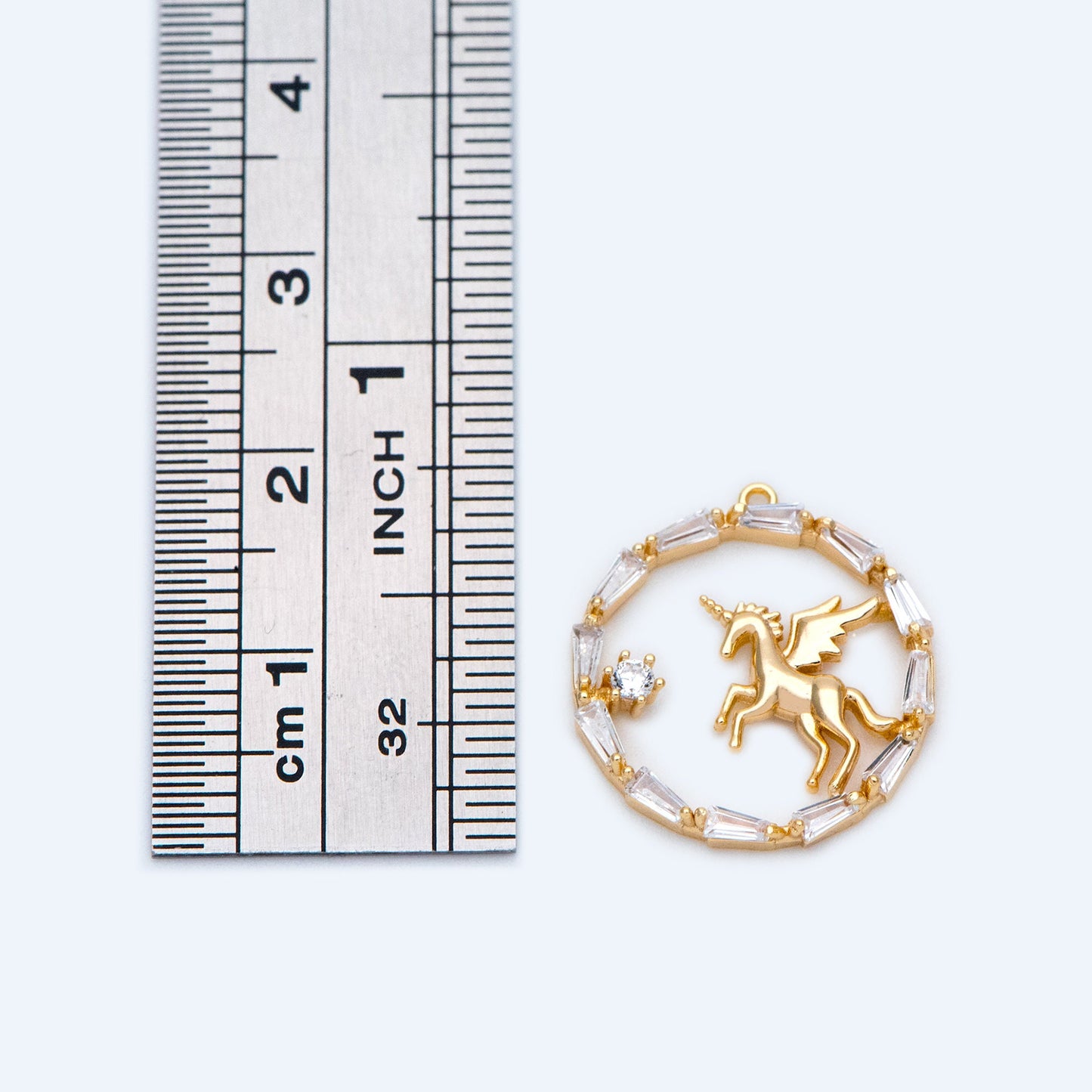 4pcs Gold Unicorn Charm, 18x17mm, CZ pave round circle pendant (#GB-730-E)
