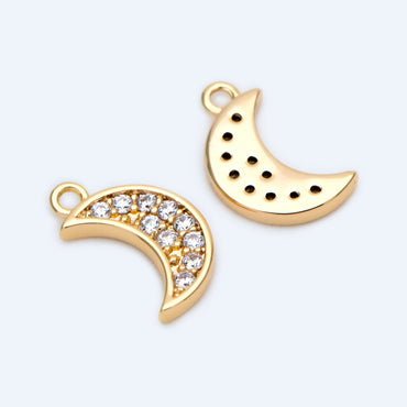 10pcs CZ pave Gold Moon Charms 15mm, 18K Gold plated Brass Moon Pendants (GB-618-C)
