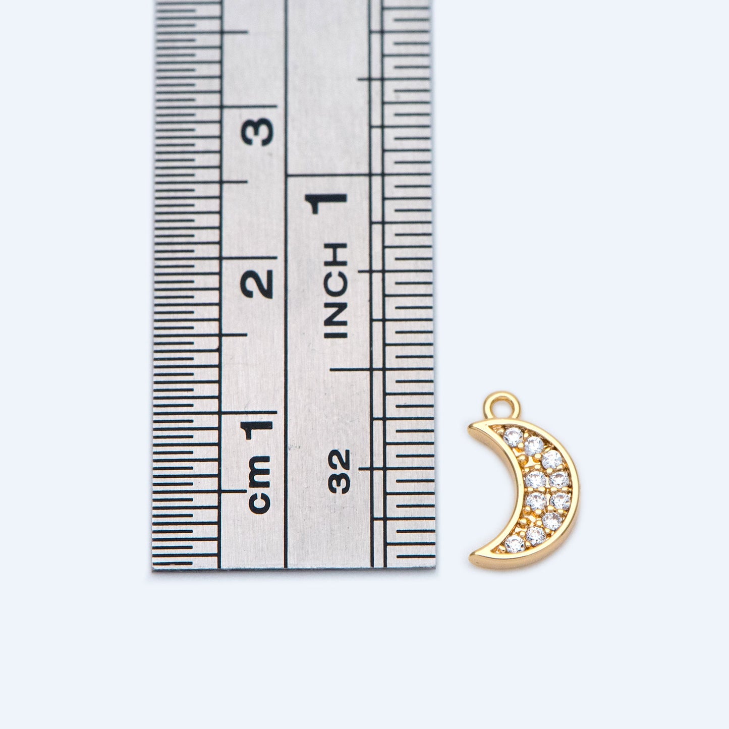 10pcs CZ pave Gold Moon Charms 15mm, 18K Gold plated Brass Moon Pendants (GB-618-C)