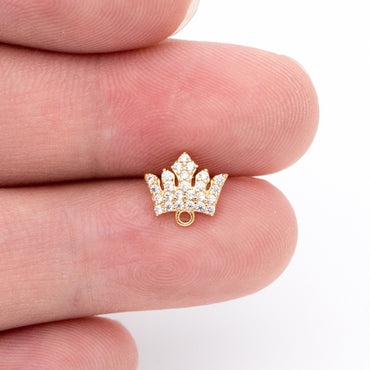 4pcs CZ Pave Crown Ear Posts 8mm with Loops, Real Gold Plated Brass Stud Earrings (#GB-733)