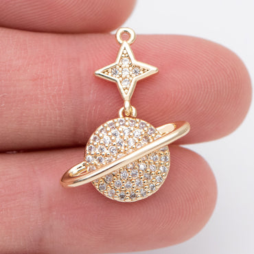 4pcs CZ Pave Gold Star and Saturn Charms 23x18mm, 18K Gold plated Brass, Saturn Pendants (GB-1173-B)