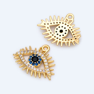 4pcs Micro Pave CZ Evil Eye Charm 17x14mm, Real Gold plated Brass Eye Charms, Cubic Zirconium Pave Eye Pendants (GB-1819-I)