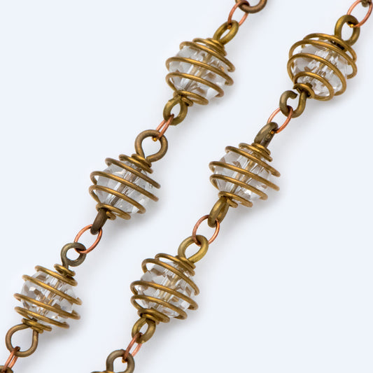 Raw Brass Crystal Bead Chain 7.5mm, Glass Rondelle Beaded Chain, Handmade Wire Chain Wholesale (#LK-218-RB)/ 1 Meter=3.3ft