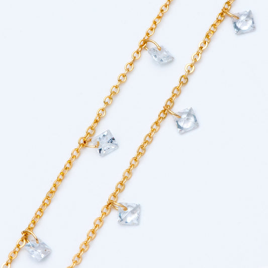 Gold Cable Chain with CZ Charms, 18K Gold plated Brass, 2mm Chain with 4mm Square CZ Beads (#LK-455)/ 1 Meter=3.3 ft