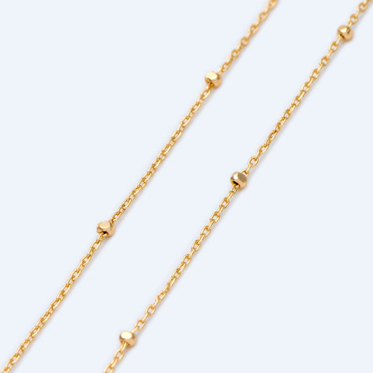 Gold/ Silver Tone Cube Beaded Chains, 0.8mm Cable Chain with 1.3mm Cube Beads, Thin Craft Jewelry Chain (#LK-196)/ 1 Meter=3.3 ft