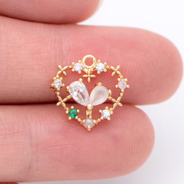 4pcs CZ pave Gold Heart Pendants 14.5x14mm, 18K Gold plated Brass, Rhinestone Heart Charms (GB-2782-I)