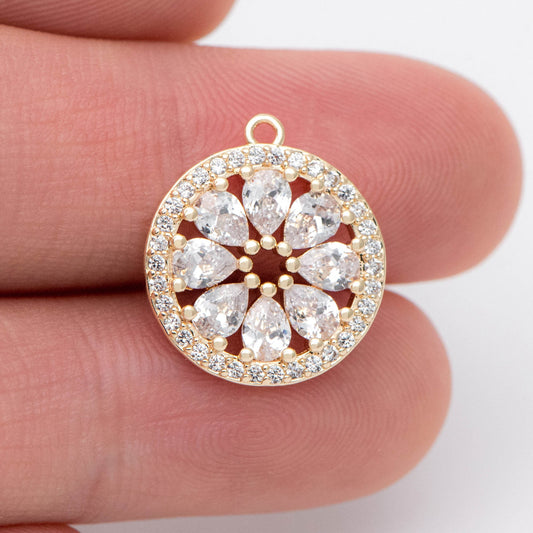 4pcs Gold CZ Round Flower Charms 16.5x15mm, Real Gold plated Brass, Clear Rhinestone Pendants (GB-3579-B)