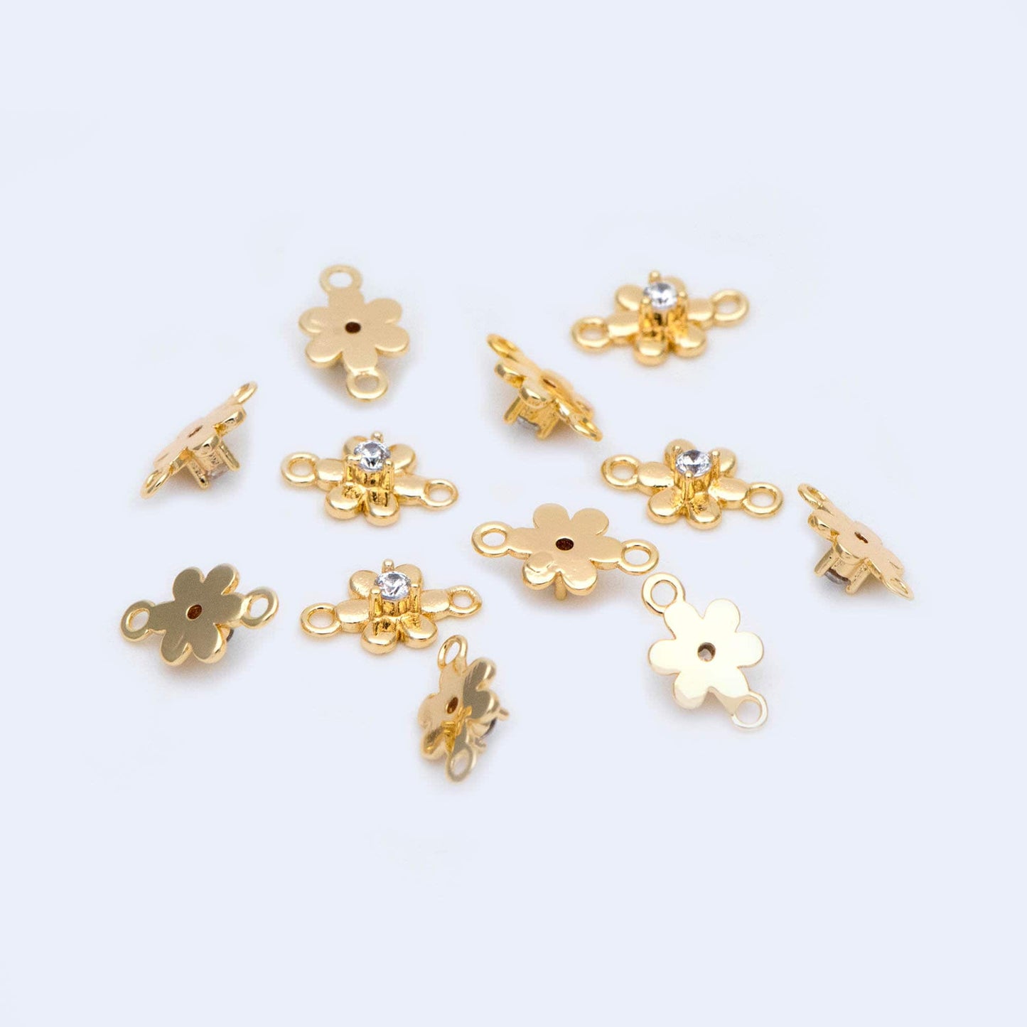 10pcs CZ Pave Gold flower Charm Connectors 9x5mm, 18K Gold plated Brass (GB-3780-A)