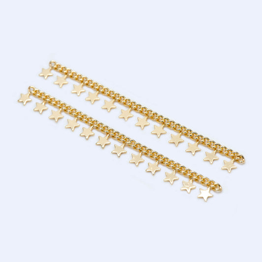 10pcs Gold Curb Chain with Star Charms, 18K Real Gold plated Brass Chain, 72mm Long in Pieces (#GB-1157)