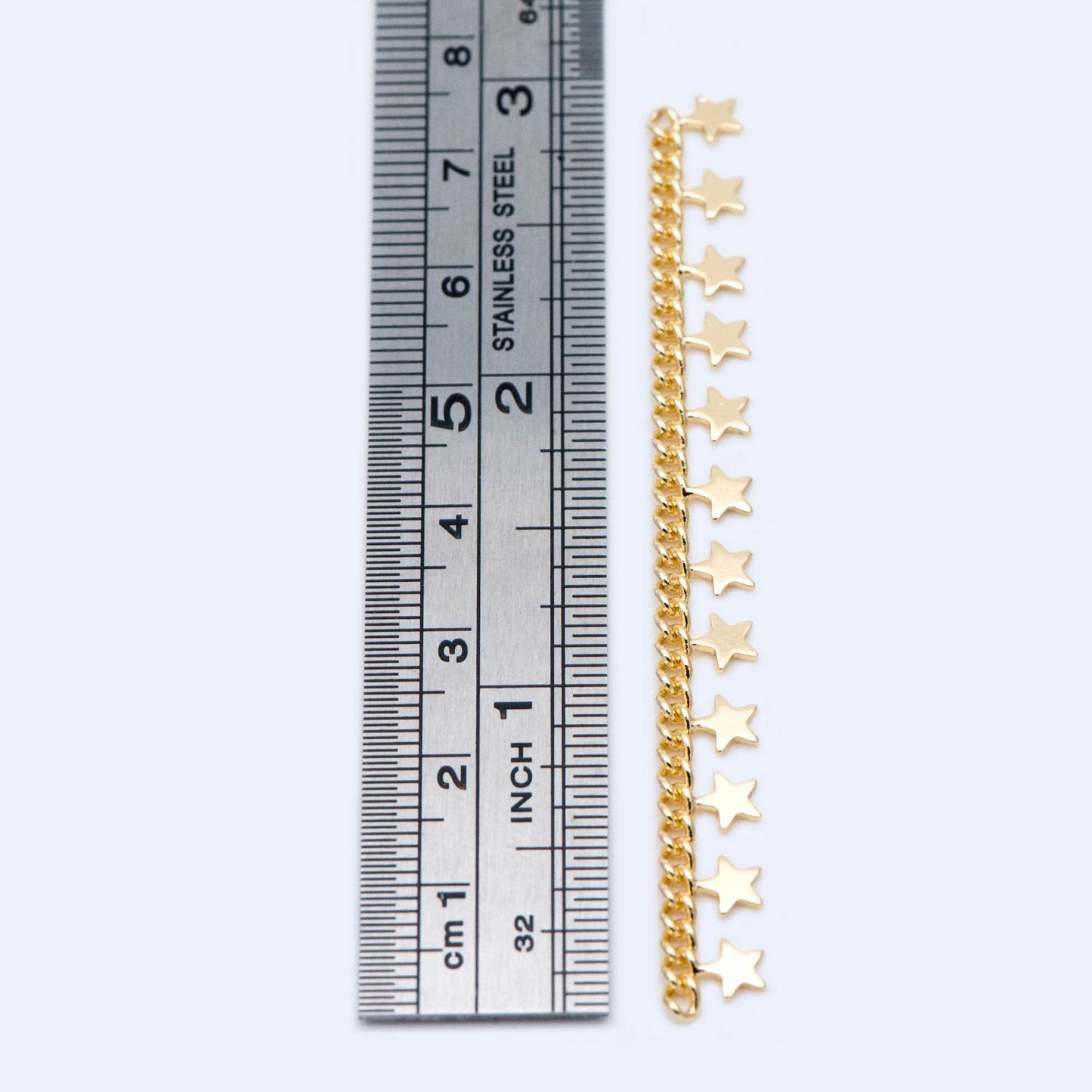 10pcs Gold Curb Chain with Star Charms, 18K Real Gold plated Brass Chain, 72mm Long in Pieces (#GB-1157)