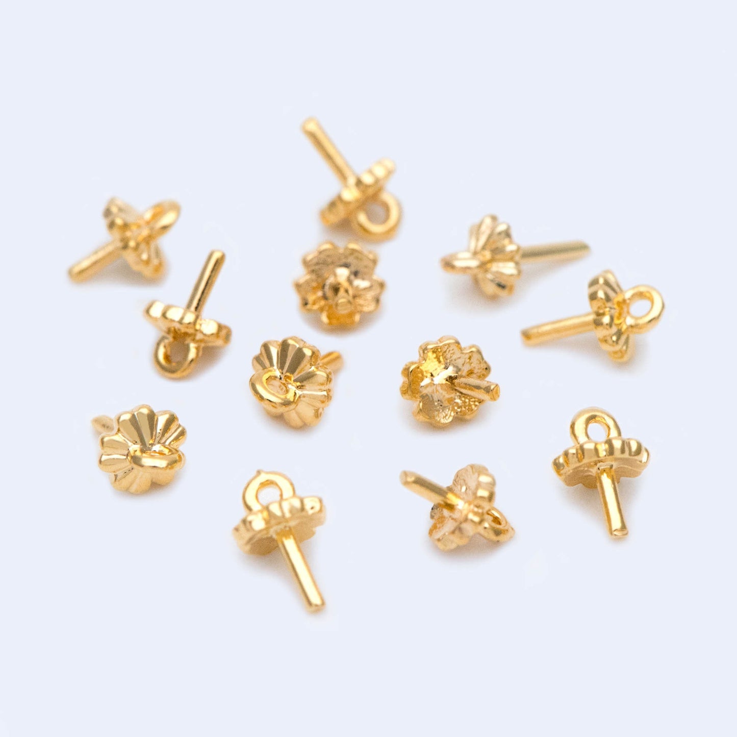 20pcs Gold plated Brass Floral Peg Bail for Half Drilled Pearls Or Stones, Flower Pearl Drop 3.5mm Cup (GB-1141)