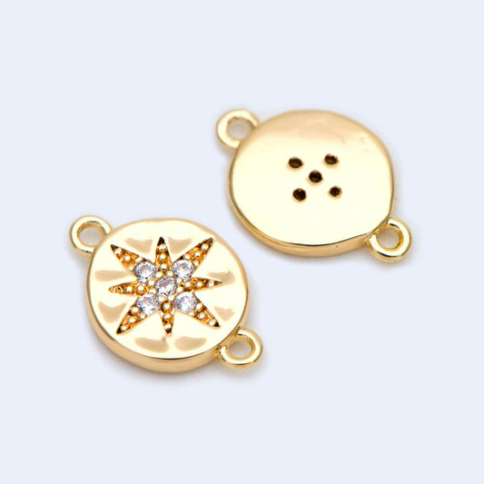 10pcs CZ Pave Gold Coin Star Connectors 11x7.5mm, 18K Gold plated Brass, North Star Charm (GB-1128)