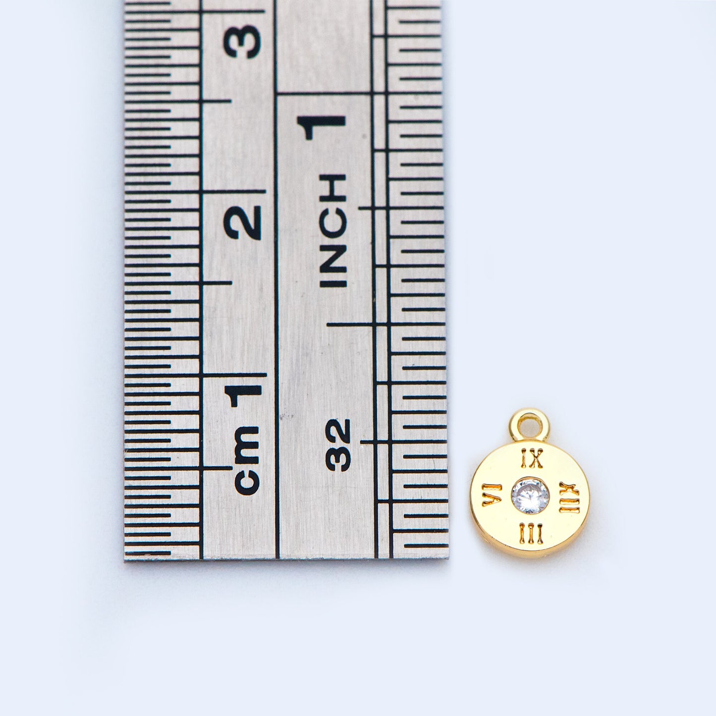 10pcs Gold plated Brass Disc Charms 8x6mm, CZ Pave dial plate charm (GB-1108)