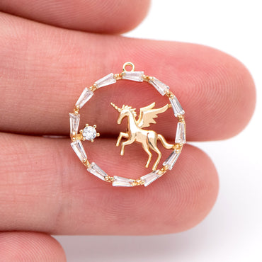 4pcs Gold Unicorn Charm, 18x17mm, CZ pave round circle pendant (#GB-730-E)