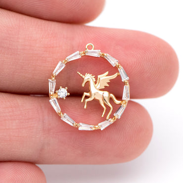 4pcs Gold Unicorn Charm, 18x17mm, CZ pave round circle pendant (#GB-730-E)