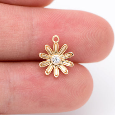 4pcs Gold CZ Flower Charms 11x10mm, 18K Real Gold plated Brass, Floral Earring Pendants (GB-321-F)