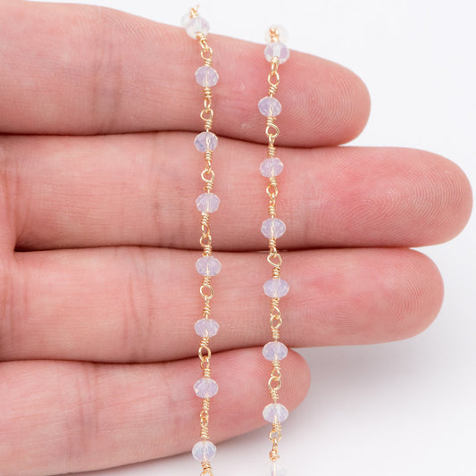 Gold plated Brass Crystal Bead Chains, Beaded Chains with 3.5mm Opal Glass Rondelles, Lead Nickel Free (#LK-184)/ 1 Meter=3.3 ft