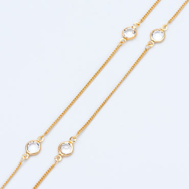 Gold plated Brass Crystal Beaded Chains, 1.3mm Chains with 7mm Flat Coin Clear Beads, Color Not Easily Tarnish (#LK-186)/ 1 Meter=3.3 ft