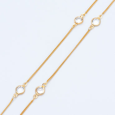 Gold plated Brass Crystal Beaded Chains, 1.3mm Chains with 7mm Flat Coin Clear Beads, Color Not Easily Tarnish (#LK-186)/ 1 Meter=3.3 ft
