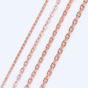Dainty Rose Gold Flat Oval Cable Chains, Real Gold plated Brass Tiny Chains, 1.2/ 1.7/ 2.1mm Thin Chains (#LK-187)/ 1 Meter=3.3 ft