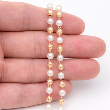 Gold Faux Pearl Beaded Chain, 18K Gold plated Brass Chain, Round Faux Pearl and Beads 4mm (LK-189) / 1 meter= 3.3ft