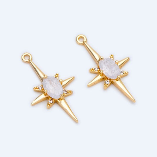 10pcs Gold/ Rhodium plated Brass Star Charms 21x12mm, White Gemstone Pave Star Pendants (GB-924-H)