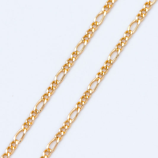 Gold/ Silver/ Rose God Figaro Chains, Real Gold/ Rhodium plated Brass, Color Not Easily Tarnish (#LK-168)/ 1 Meter=3.3 ft