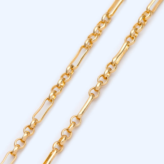 Gold plated Brass Figaro Chains 2.3mm, Long and Short Link Chains (#LK-235-1)/ 1 Meter=3.3 ft
