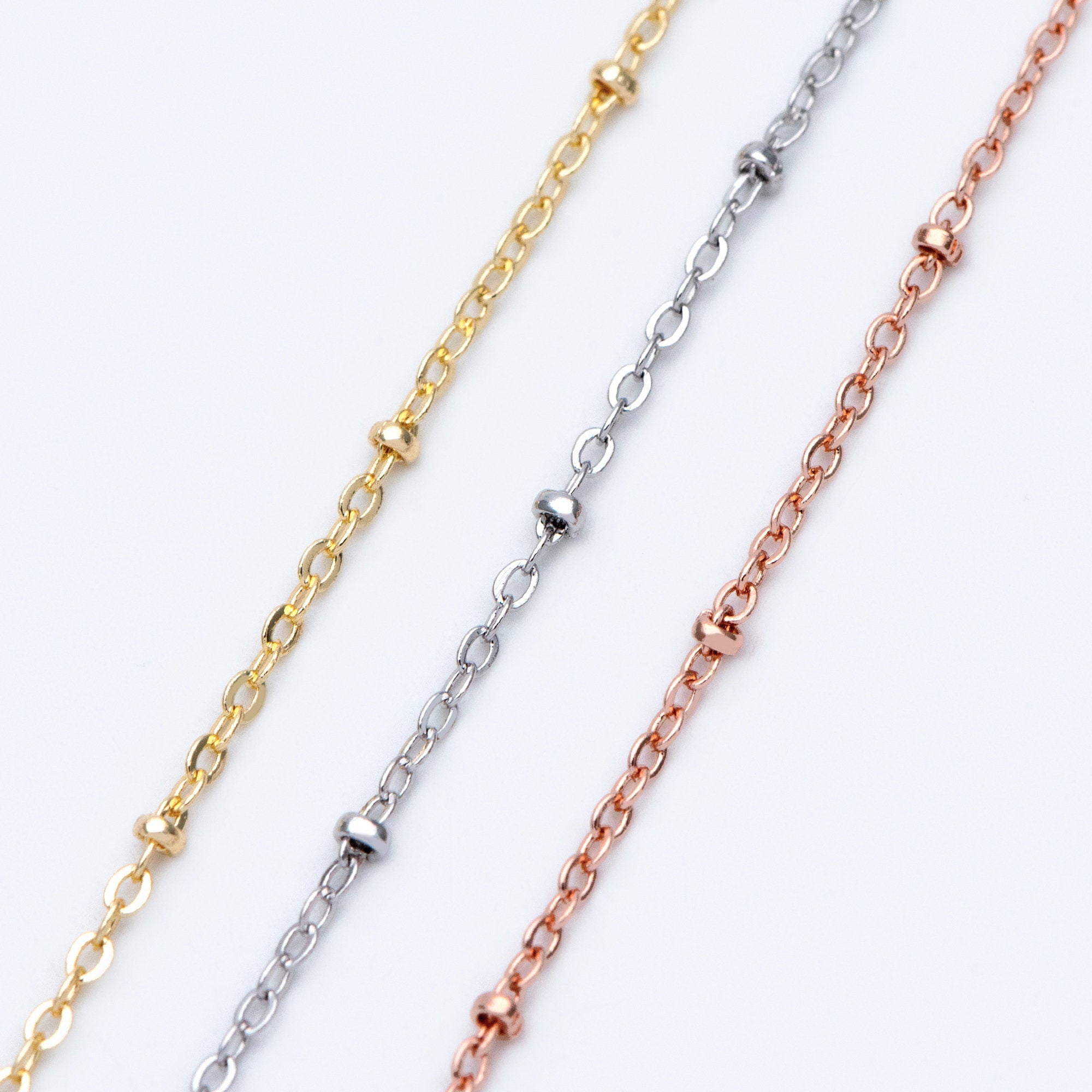 Satellite Chains Wholesale, 1.7mm Cable Chain with 2.2mm Beads, Gold/ Silver/ Rose Gold plated Brass (#LK-169)/ 1 Meter=3.3 ft