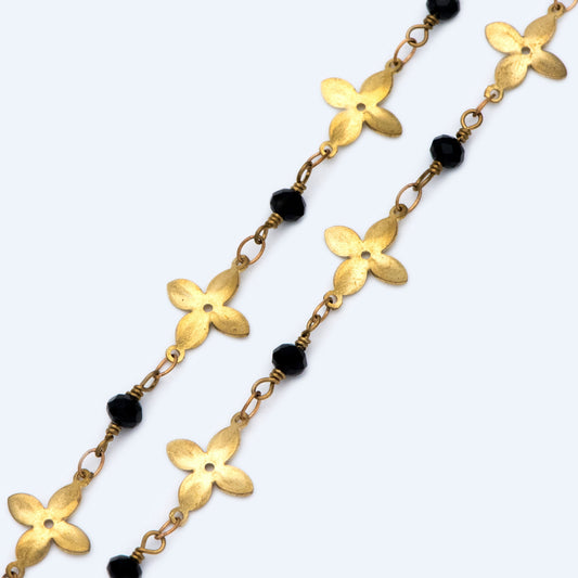 Raw Brass Flower Chain, Crystal Glass Beaded Chain (#LK-041)/ 1 Meter=3.3ft