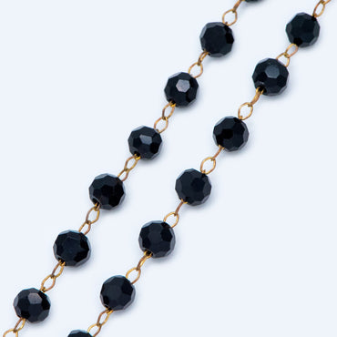 Crystal Faceted Round Bead Chain, Raw Brass Beaded Chains, 4mm Black (#LK-044-1)/ 1 Meter=3.3ft